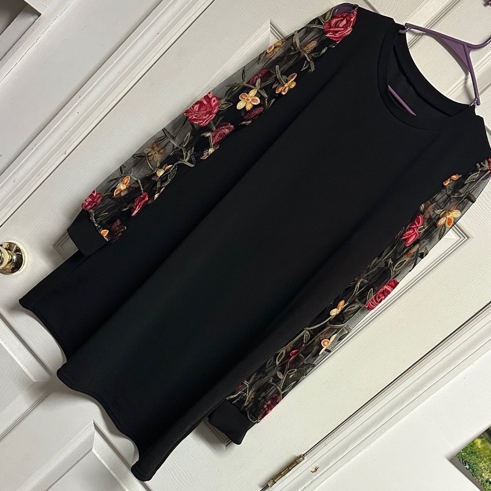 Black Dress with Floral Embroidered Sleeves
